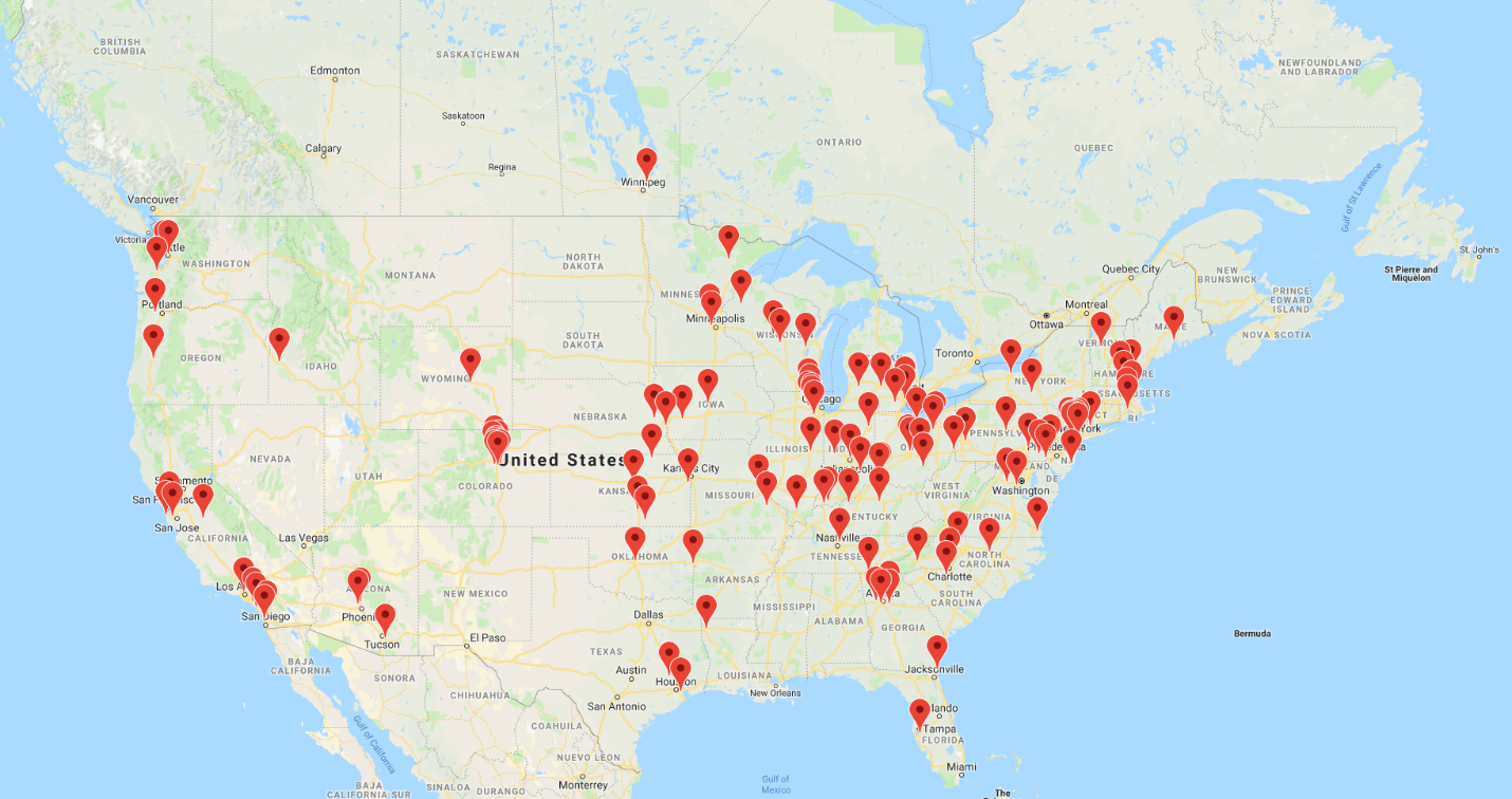 Map of Radium Girls North American Productions  as of September 13, 2019