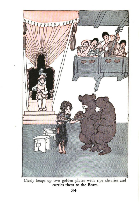 An Illustration of Cicely and the Bears from Children's Plays by Skinner: Two Bears, a little girl, a king, and some musicians