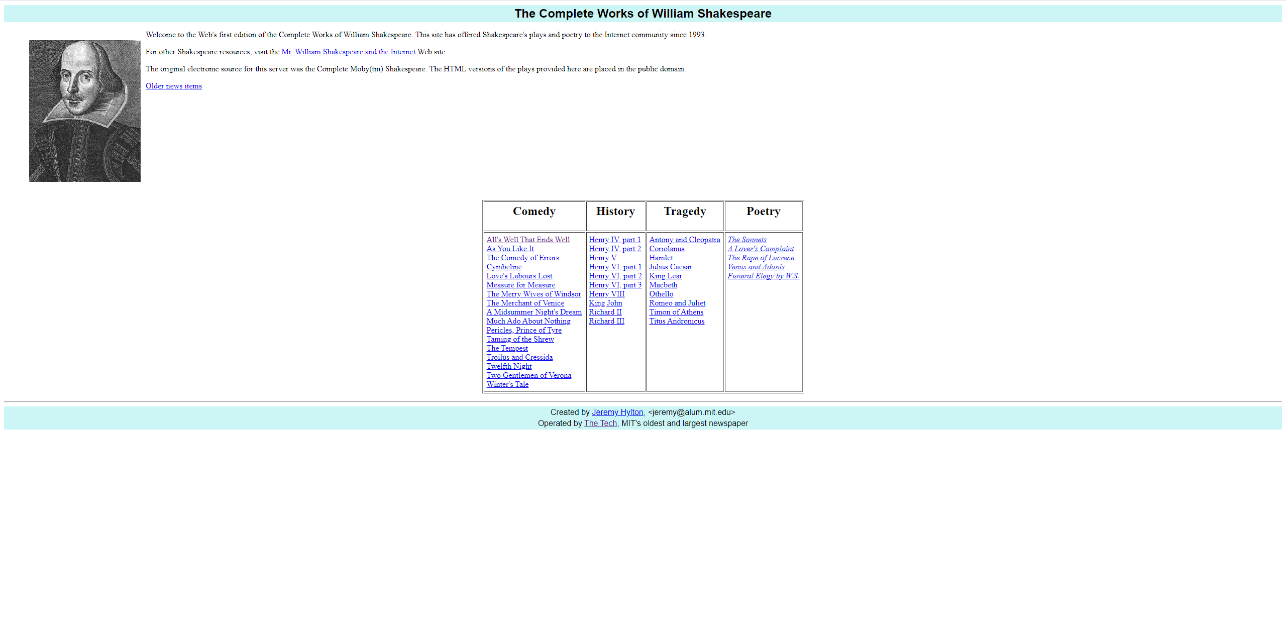 Screenshot of the homepage of The Complete Works of William Shakespeare