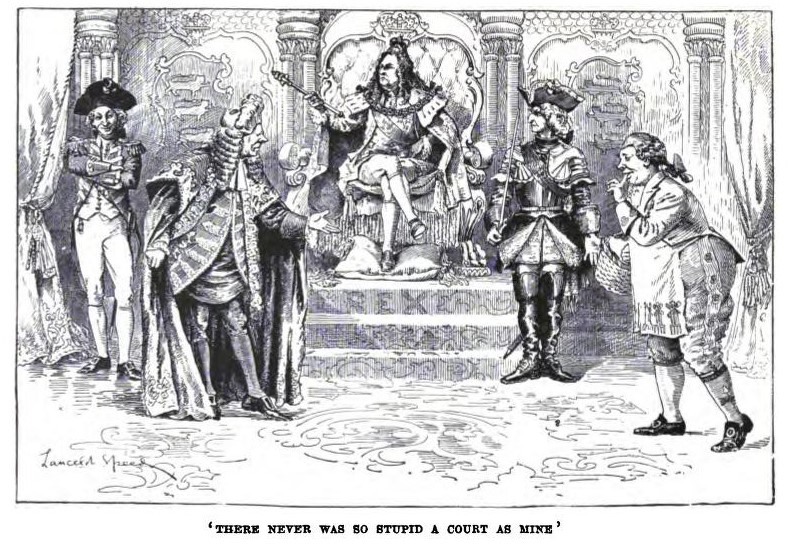 Illustration from Rumplestiltzkin with the King on a throne and his courtiers,