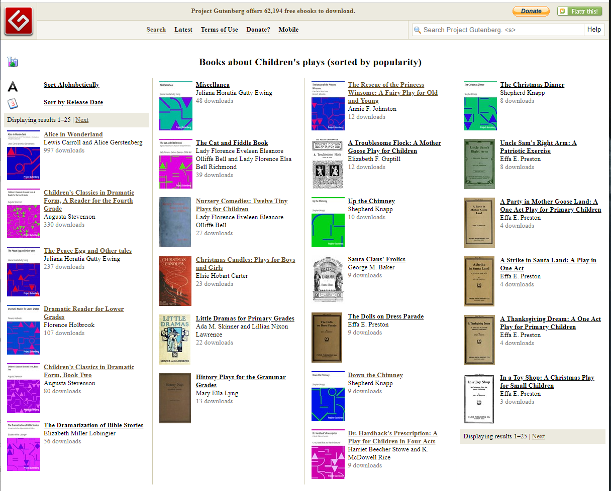 Screenshot of Project Gutenberg's Children's Plays Subject