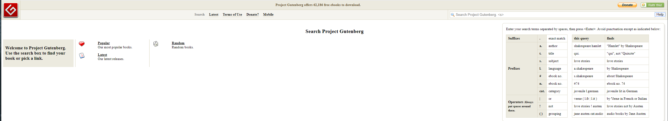 Screenshot of the Project Gutenberg Search Function