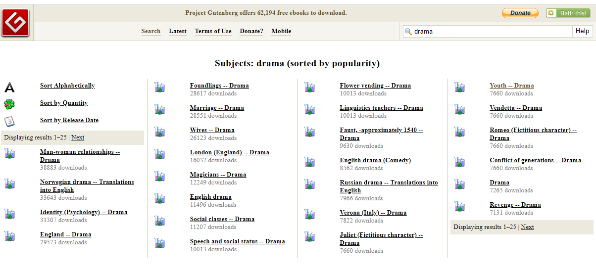Screenshot of Project Gutenberg's Subject Areas for Drama